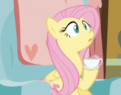 Size: 400x314 | Tagged: safe, screencap, fluttershy, pony, discordant harmony, g4, season 7, animated, concerned, cropped, cup, female, gif, mare, solo, spread wings, teacup, wingboner, wings