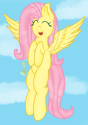 Size: 756x1076 | Tagged: safe, artist:castelainmlp, fluttershy, pegasus, pony, g4, cute, eyes closed, female, flying, mare, shyabetes, smiling, solo