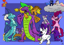 Size: 5016x3541 | Tagged: safe, artist:dinodraketakethecake, apple bloom, applejack, fluttershy, pinkie pie, princess celestia, princess ember, princess luna, rainbow dash, rarity, scootaloo, spike, sweetie belle, twilight sparkle, alicorn, dragon, pony, g4, absurd resolution, balloon, dragon lord ember, floating, mane six, older, older spike, twilight sparkle (alicorn)