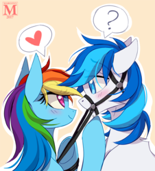 Size: 900x997 | Tagged: safe, artist:margony, rainbow dash, oc, oc:rainy, pony, blushing, bridle, canon x oc, commission, female, heart, looking at each other, male, multicolored hair, reins, simple background, smiling, stallion, straight, tack