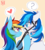 Size: 900x997 | Tagged: safe, artist:margony, rainbow dash, oc, oc:rainy, pony, g4, blushing, bridle, canon x oc, commission, female, heart, looking at each other, male, multicolored hair, reins, simple background, smiling, stallion, straight, tack