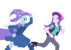 Size: 1240x877 | Tagged: safe, artist:alixnight, derpibooru exclusive, starlight glimmer, trixie, human, equestria girls, g4, boots, cape, clothes, commission, duo, fall formal outfits, hat, high heel boots, high heels, legs, looking at each other, pants, racing, ripped pants, running, simple background, skirt, smiling, torn clothes, trixie's cape, trixie's hat, white background