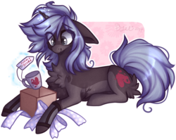 Size: 936x745 | Tagged: safe, artist:tay-niko-yanuciq, oc, oc only, oc:mica, pony, unicorn, coffee cup, cup, female, mare, present, prone, solo