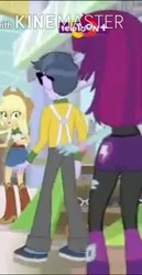 Size: 248x480 | Tagged: safe, screencap, applejack, micro chips, mystery mint, equestria girls, equestria girls specials, g4, my little pony equestria girls: mirror magic, boots, clothes, cowboy boots, cropped, female, food, male, rear view, shoes, skirt, teletoon