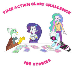 Size: 1153x1032 | Tagged: safe, artist:carnifex, greta, photo finish, princess celestia, principal celestia, rarity, earth pony, griffon, pony, equestria girls, g4, clothes, commission, female, mare, notebook, simple background, smiling, talking, time action glory challenge, white background