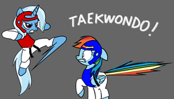 Size: 1748x1000 | Tagged: safe, anonymous artist, rainbow dash, trixie, pegasus, pony, unicorn, g4, base used, black belt, chest guard, clothes, dobok, duo, female, fight, get, gi, gray background, headgear, index get, kick, mare, martial arts, pants, robe, simple background, taekwondo, this will end in pain