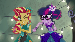 Size: 1280x720 | Tagged: safe, screencap, sci-twi, sunset shimmer, twilight sparkle, equestria girls, g4, my little pony equestria girls: legend of everfree, bare shoulders, blushing, clothes, dress, duo, female, glasses, high heels, one eye closed, playful, punch, punchies, shoes, sleeveless, strapless
