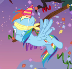 Size: 354x340 | Tagged: safe, screencap, rainbow dash, pegasus, pony, g4, pinkie pride, blindfold, cropped, female, flying, hat, mare, party hat, smiling, solo, stick
