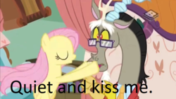 Size: 852x478 | Tagged: safe, edit, edited screencap, screencap, discord, fluttershy, discordant harmony, g4, boomerang (tv channel), female, glasses, imminent kissing, male, ship:discoshy, shipping, straight, text