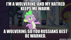 Size: 600x337 | Tagged: safe, edit, edited screencap, screencap, spike, thorax, dragon, g4, the times they are a changeling, a changeling can change, caption, family guy, male, memeful.com, red dawn, red dawn the musical
