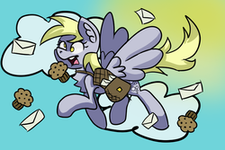 Size: 800x533 | Tagged: safe, artist:fnaf-girl97, derpy hooves, pony, g4, cloud, female, flying, food, letter, mailbag, mailmare, muffin, solo