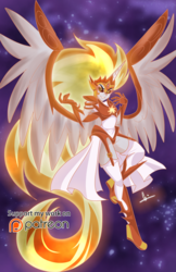 Size: 1299x2007 | Tagged: safe, artist:neferity, daybreaker, human, a royal problem, g4, boots, clothes, female, flying, garter belt, gloves, horn, horned humanization, humanized, leotard, pony coloring, socks, solo, thigh highs, winged humanization, wings