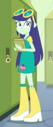 Size: 193x462 | Tagged: safe, screencap, blueberry cake, equestria girls, g4, my little pony equestria girls, book, boots, cropped, cupcake, female, food, glasses, high heel boots, lockers, looking at you, notebook, solo