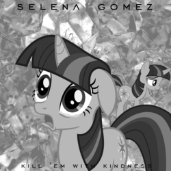 Size: 800x800 | Tagged: safe, artist:penguinsn1fan, artist:proenix, artist:yanoda, twilight sparkle, pony, unicorn, a canterlot wedding, g4, cover, crying, female, floppy ears, grayscale, mare, monochrome, parody, selena gomez, solo, unicorn twilight