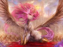 Size: 1000x750 | Tagged: safe, artist:girlsay, princess celestia, alicorn, pony, g4, armor, beautiful, canterlot, crown, female, horseshoes, jewelry, magic, mare, patreon, patreon logo, pink-mane celestia, regalia, royal guard, smiling, solo focus, spear, spread wings, summer sun celebration, weapon, wings, younger