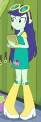Size: 244x718 | Tagged: safe, screencap, blueberry cake, dog, equestria girls, g4, my little pony equestria girls, boots, cropped, cupcake, female, food, glasses, high heel boots, lockers, notebook, solo