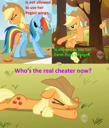 Size: 809x951 | Tagged: safe, edit, edited screencap, screencap, applejack, rainbow dash, earth pony, pegasus, pony, fall weather friends, g4, my little pony: friendship is magic, bound wings, female, leaves, mare, rope, text