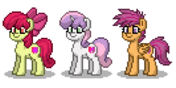 Size: 400x200 | Tagged: safe, artist:venombronypl, apple bloom, scootaloo, sweetie belle, earth pony, pegasus, pony, unicorn, pony town, g4, cutie mark, cutie mark crusaders, female, filly, pixel art, simple background, the cmc's cutie marks, transparent background, trio