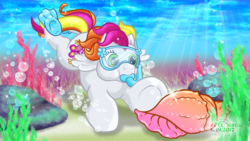 Size: 1920x1080 | Tagged: safe, artist:anscathmarcach, baby honolu-loo, pony, g3, complex background, female, goggles, ocean, snorkeling, solo, swimming, underwater
