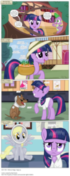 Size: 3300x8286 | Tagged: safe, artist:perfectblue97, derpy hooves, pinkie pie, spike, twilight sparkle, dog, dragon, earth pony, griffon, pegasus, pony, comic:without magic, g4, ^^, absurd resolution, carousel boutique, carrot, comic, doctor's office, earth pony twilight, elizabethan collar, eyes closed, food, golden oaks library, missing cutie mark, poster, singing, veterinary hospital