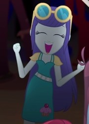 Size: 268x372 | Tagged: safe, screencap, blueberry cake, equestria girls, g4, my little pony equestria girls: rainbow rocks, cropped, cupcake, eyes closed, female, food, glasses, happy, open mouth, solo focus, welcome to the show