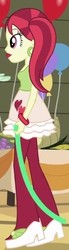 Size: 137x498 | Tagged: safe, screencap, rose heart, equestria girls, g4, my little pony equestria girls, balloon, bracelet, clothes, corn, cropped, ear piercing, earring, female, food, grapes, heart, high heels, jewelry, piercing, skirt, solo focus, streamers, table