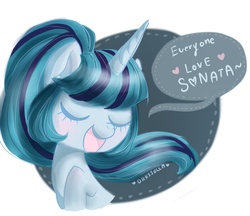 Size: 2048x1766 | Tagged: safe, artist:dressella, sonata dusk, pony, unicorn, g4, blushing, cute, eyes closed, female, heart, mare, open mouth, ponified, simple background, smiling, speech bubble, white background