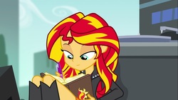 Size: 1100x618 | Tagged: safe, screencap, sunset shimmer, equestria girls, g4, my little pony equestria girls: rainbow rocks, book, female, lidded eyes, pen, solo