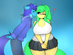 Size: 1200x900 | Tagged: safe, artist:3mangos, edit, editor:jamalleymall, oc, oc only, oc:light shine, oc:mango's mom, earth pony, unicorn, anthro, anthro oc, areola outline, big breasts, blue background, blushing, breasts, cheek kiss, chubby, clothes, colored, cute, female, glasses, heart, huge breasts, jacket, kissing, male, mare, mole, one eye closed, plump, simple background, skirt, stallion, straight