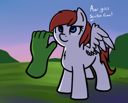 Size: 833x673 | Tagged: safe, artist:neuro, oc, oc only, oc:anon, oc:feather scarf, pegasus, pony, chest fluff, colored pupils, cute, dialogue, disembodied hand, feathered wings, female, hand, mare, ocbetes, offscreen character, scratching, solo focus, spread wings, wings