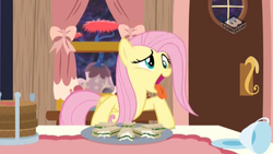 Size: 2560x1440 | Tagged: safe, screencap, fluttershy, pegasus, pony, discordant harmony, g4, season 7, behaving like a dog, boomerang (tv channel), cup, discord's house, faic, female, flutterdog, food, mare, open mouth, sandwich, solo, teacup, the discord zone, tongue out