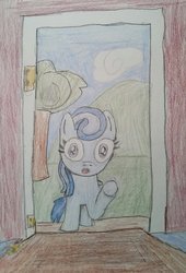Size: 1024x1509 | Tagged: safe, artist:grassy blade, oc, oc only, oc:broken glass, pegasus, pony, cute, doorway, female, filly, oops, oops my bad, solo, traditional art