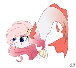 Size: 900x800 | Tagged: safe, artist:passigcamel, oc, oc only, oc:cordelia, merpony, pony, bracelet, commission, jewelry, lidded eyes, simple background, smiling, solo, swimming, white background