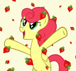 Size: 7291x6857 | Tagged: safe, artist:ironm17, strawberry sunrise, pegasus, pony, g4, honest apple, absurd resolution, apple rain, bipedal, female, happy, solo, strawberry, that pony sure does love strawberries, wingding eyes