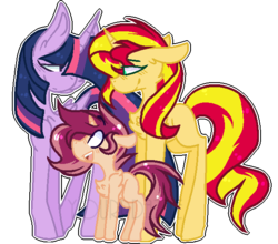 Size: 599x528 | Tagged: dead source, safe, artist:yourrdazzle, sunset shimmer, twilight sparkle, oc, oc:aurora flare, alicorn, pony, unicorn, g4, base used, blushing, female, lesbian, looking at each other, magical lesbian spawn, next generation, offspring, parent:sunset shimmer, parent:twilight sparkle, parents:sunsetsparkle, ship:sunsetsparkle, shipping, simple background, transparent background, twilight sparkle (alicorn)