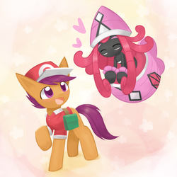 Size: 1200x1200 | Tagged: safe, artist:howxu, scootaloo, pony, tapu lele, g4, clothes, commission, crossover, duo, female, filly, hat, pokémon, smiling