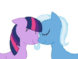 Size: 1024x768 | Tagged: safe, artist:aaron amethyst, trixie, twilight sparkle, pony, unicorn, g4, duo, eyes closed, female, lesbian, mare, ship:twixie, shipping, simple background, white background