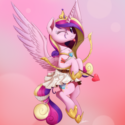 Size: 1280x1280 | Tagged: safe, artist:ncmares, princess cadance, alicorn, pony, :p, arrow, bow (weapon), bow and arrow, cupid, cupidance, cute, cutedance, female, flying, heart arrow, looking at you, mare, one eye closed, smiling, solo, spread wings, tongue out, watermark, weapon, wings, wink