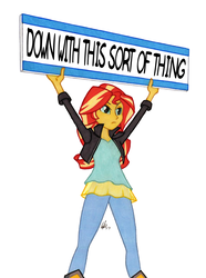 Size: 950x1278 | Tagged: safe, artist:manly man, sunset shimmer, equestria girls, g4, clothes, exploitable meme, father ted, female, leggings, meme, sign, simple background, solo, sunset's board, white background