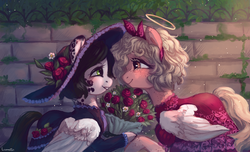 Size: 1280x777 | Tagged: safe, artist:lunnitavaldez, oc, oc only, pegasus, pony, blushing, bouquet, clothes, dress, female, halo, looking at each other, mare, oc x oc, shipping, smiling