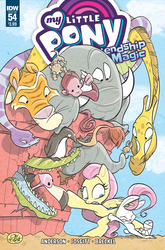 Size: 1341x2035 | Tagged: safe, artist:jay fosgitt, idw, angel bunny, fluttershy, bird, cat, crocodile, giraffe, mouse, pegasus, penguin, pony, snake, friendship is magic #54, g4, spoiler:comic, animal, comic, cover, pushing, rump push