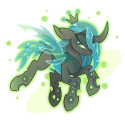 Size: 2352x2260 | Tagged: safe, artist:taiga-blackfield, queen chrysalis, changeling, changeling queen, g4, crown, curved horn, female, high res, horn, jewelry, lidded eyes, looking back, regalia, simple background, smiling, solo, transparent background