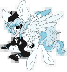 Size: 843x913 | Tagged: safe, artist:aspenglowe, oc, oc only, pegasus, pony, art trade, black scarf, blue mane, blue tail, brown eyes, clothes, full body, hat, pegasus oc, scarf, side view, simple background, smiling, solo, tail, transparent background, white coat, white wings, wings, yin-yang