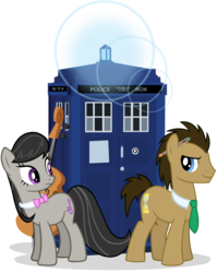 Size: 2200x2760 | Tagged: safe, artist:sircinnamon, artist:theevilflashanimator, edit, doctor whooves, octavia melody, time turner, earth pony, pony, g4, bowtie, cello, crossover, doctor who, female, high res, male, mare, musical instrument, necktie, simple background, sonic screwdriver, stallion, tardis, the doctor, transparent background, vector