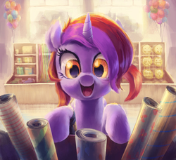 Size: 2930x2667 | Tagged: safe, artist:hunternif, oc, oc only, oc:soffite light, pony, unicorn, balloon, commission, female, high res, smiling, solo, store, wrapping paper