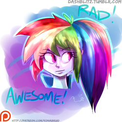 Size: 900x900 | Tagged: safe, artist:manic-the-lad, rainbow dash, equestria girls, g4, a dash of everything, aesthetics, alternate hairstyle, awesome, bust, female, patreon, patreon logo, ponytail, solo, text
