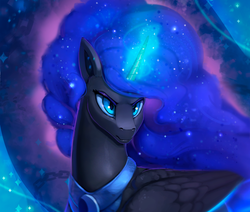 Size: 1000x849 | Tagged: safe, artist:rodrigues404, nightmare moon, alicorn, pony, g4, color porn, female, glowing horn, horn, mare, missing accessory, serious, serious face, solo