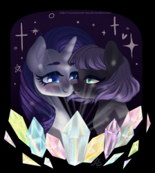 Size: 1600x1782 | Tagged: safe, artist:microwaved-box, maud pie, rarity, earth pony, pony, g4, crystal, female, lesbian, ship:rarimaud, shipping, story included