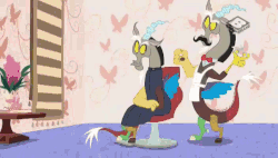 Size: 704x400 | Tagged: safe, screencap, discord, bee, draconequus, discordant harmony, g4, alternate hairstyle, animated, apron, barber, beehive hairdo, boomerang (tv channel), bowtie, clothes, facial hair, freaking out, gif, literal, male, moustache, pompadour, scissors, screaming, self paradox, shirt, shrug, vest
