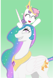 Size: 1575x2290 | Tagged: safe, artist:allukakalluto, princess celestia, sweetie belle, alicorn, pony, robot, princess molestia, g4, female, filly, grin, jewelry, peytral, simple background, smiling, sweetie bot